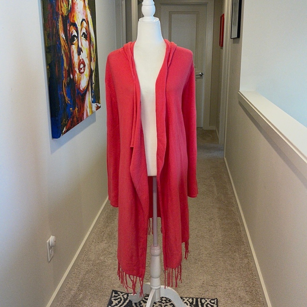 Caroline Grace, hooded king cardigan with fringe